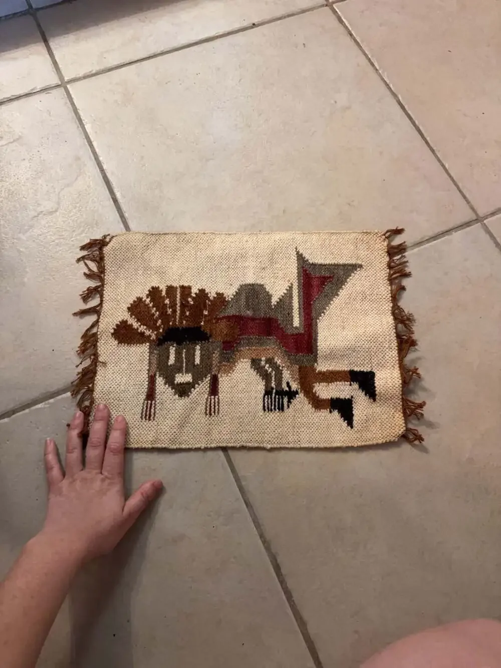 Antique 19c Southwestern Native American Style Woven Small Tapestry Mat Kneeling
